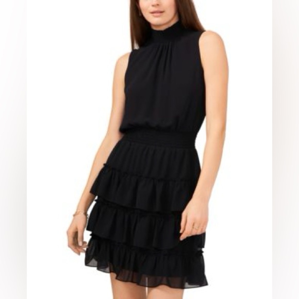 Express Smocked Sleeveless Mock Neck Tiered Mini Dress